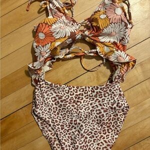 Floral and Leopard Print One-Piece Swimsuit